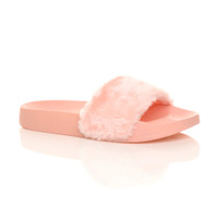Front right side view of Pink Fur Flat Faux Fur Sandals Sliders