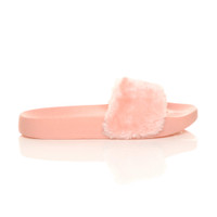Right side view of Pink Fur Flat Faux Fur Sandals Sliders