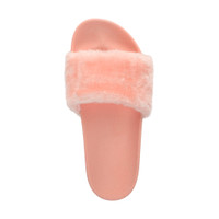 Top view of Pink Fur Flat Faux Fur Sandals Sliders