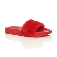 Front right side view of Red Fur Flat Faux Fur Sandals Sliders