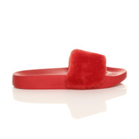 Right side view of Red Fur Flat Faux Fur Sandals Sliders