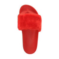 Top view of Red Fur Flat Faux Fur Sandals Sliders