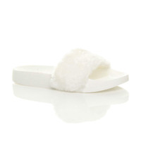 Front right side view of White Fur Flat Faux Fur Sandals Sliders