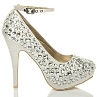 Right side view of Ivory Satin High Heel Diamante Ankle Strap Platform Court Shoes