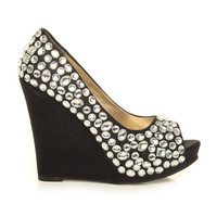 Right side view of Black / White Satin High Heel Wedge Diamante Gem Peep Toe Shoes