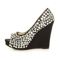 Left side view of Black / White Satin High Heel Wedge Diamante Gem Peep Toe Shoes