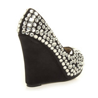 Back right side view of Black / White Satin High Heel Wedge Diamante Gem Peep Toe Shoes