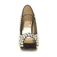 Front view of Black / White Satin High Heel Wedge Diamante Gem Peep Toe Shoes