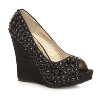 Front right side view of Black / Black Satin High Heel Wedge Diamante Gem Peep Toe Shoes