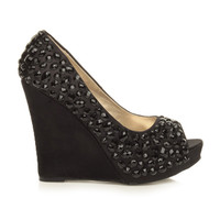 Right side view of Black / Black Satin High Heel Wedge Diamante Gem Peep Toe Shoes