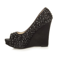 Left side view of Black / Black Satin High Heel Wedge Diamante Gem Peep Toe Shoes