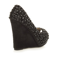 Back right side view of Black / Black Satin High Heel Wedge Diamante Gem Peep Toe Shoes