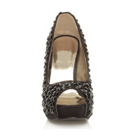 Front view of Black / Black Satin High Heel Wedge Diamante Gem Peep Toe Shoes