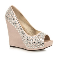 Front right side view of Champagne Satin High Heel Wedge Diamante Gem Peep Toe Shoes