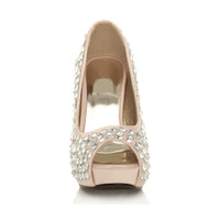 Front view of Champagne Satin High Heel Wedge Diamante Gem Peep Toe Shoes