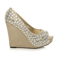 Right side view of Gold Satin High Heel Wedge Diamante Gem Peep Toe Shoes