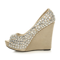 Left side view of Gold Satin High Heel Wedge Diamante Gem Peep Toe Shoes