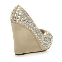 Back right side view of Gold Satin High Heel Wedge Diamante Gem Peep Toe Shoes