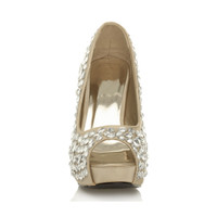 Front view of Gold Satin High Heel Wedge Diamante Gem Peep Toe Shoes