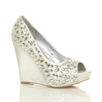 Front right side view of Ivory Satin High Heel Wedge Diamante Gem Peep Toe Shoes