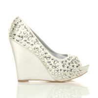 Right side view of Ivory Satin High Heel Wedge Diamante Gem Peep Toe Shoes