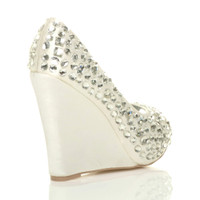 Back right side view of Ivory Satin High Heel Wedge Diamante Gem Peep Toe Shoes