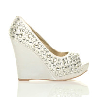 Right side view of White Satin High Heel Wedge Diamante Gem Peep Toe Shoes