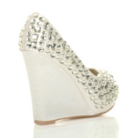 Back right side view of White Satin High Heel Wedge Diamante Gem Peep Toe Shoes