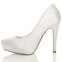 Left side view of White Satin High Heel Concealed Platform Bridal Court Shoes
