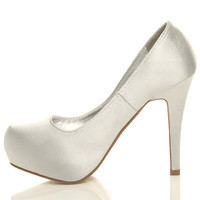 Left side view of Silver Satin High Heel Concealed Platform Bridal Court Shoes