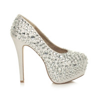 Right side view of White Satin High Heel Diamante Gems Platform Court Shoes