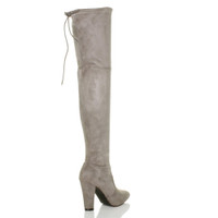 Back right side view of Grey Suede High Block Heel Lace Up Back Over The Knee Boots