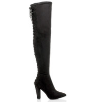 Right side view of Black Suede High Block Heel Lace Up Corset Back Over The Knee Boots