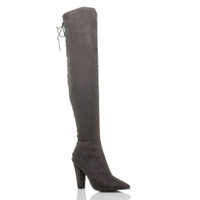 Front right side view of Grey Suede High Block Heel Lace Up Corset Back Over The Knee Boots