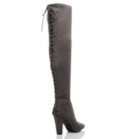 Back right side view of Grey Suede High Block Heel Lace Up Corset Back Over The Knee Boots