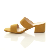 Left side view of Mustard Suede Mid Block Heel Slip On Casual Flip Flop Strappy Mules Sandals