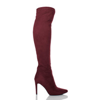 Right side view of Burgundy Suede High Heel Stretch Pointed Over The Knee Boots