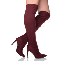 Burgundy Suede High Heel Stretch Pointed Over The Knee Boots