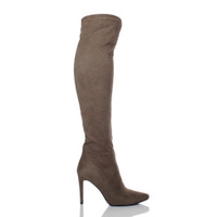Right side view of Khaki Suede High Heel Stretch Pointed Over The Knee Boots