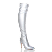 Front right side view of Silver PU High Heel Stretch Pointed Over The Knee Boots