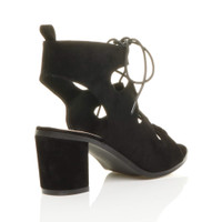 Back right side view of Black Suede Mid Heel Ghillie Peep Toe Ankle Boots Sandals