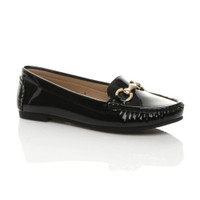 Front right side view of Black Patent Flat Low Heel Buckle Casual Work Moccasins Loafers Shoes