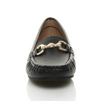 Front view of Black PU Flat Low Heel Buckle Casual Work Moccasins Loafers Shoes