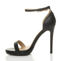 Left side view of Black PU High Heel Ankle Strap Barely There Sandals