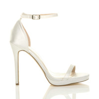 Right side view of Ivory Satin High Heel Ankle Strap Barely There Sandals