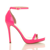 Right side view of Neon Fuchsia Patent High Heel Ankle Strap Barely There Sandals