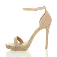 Left side view of Nude Suede High Heel Ankle Strap Barely There Sandals