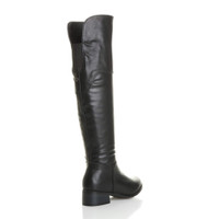 Back right side view of Black PU Mid Heel Riding Knee Boots