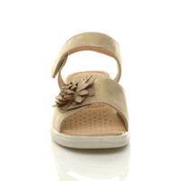 Front view of Gold PU Low Heel Wedge Flower Comfort Sandals