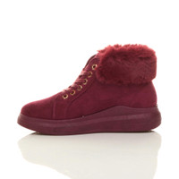 Left side view of Burgundy Suede Mid Heel Wedge Fur Cuff Low Top Trainers